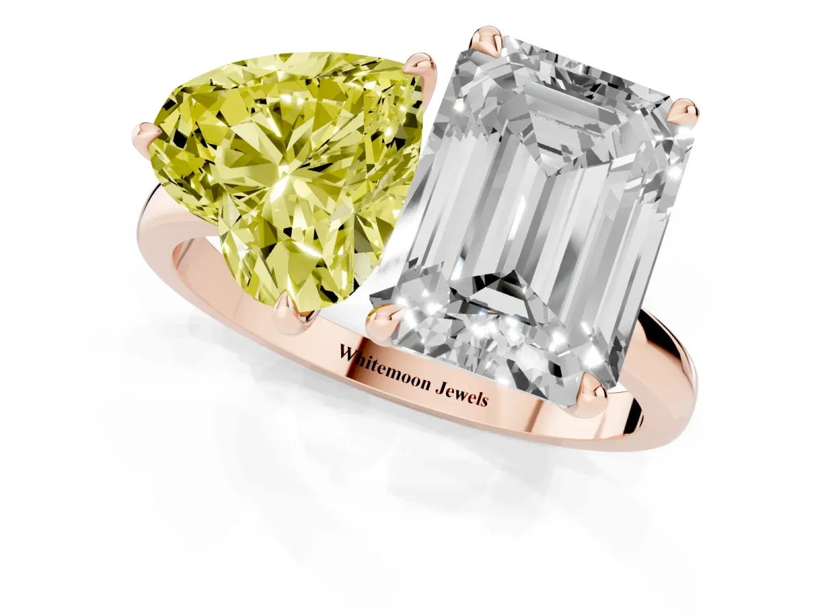 Fancy Yellow Heart Cut and Emerald Cut Toi Moi Ring with Prong Setting Rose gold