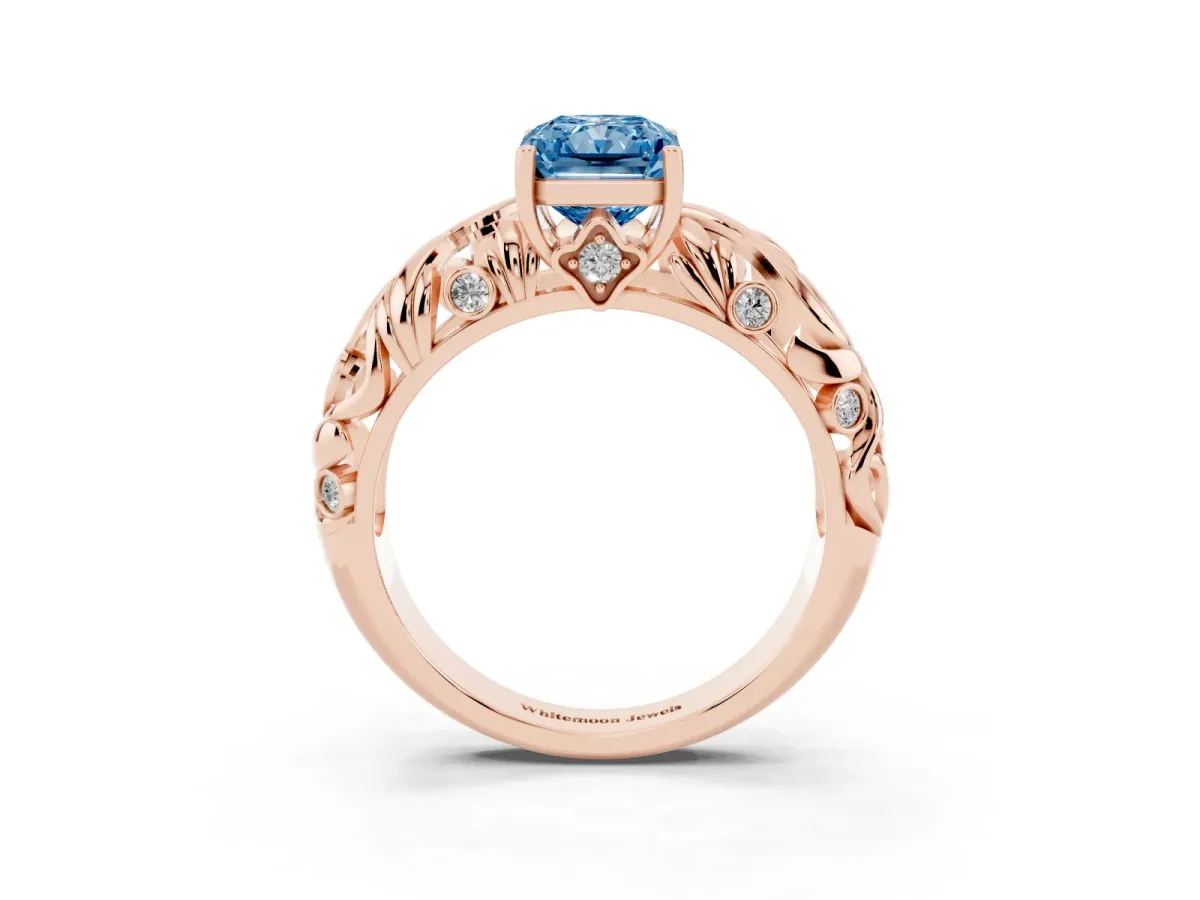 Fancy Blue Radiant Cut Solitaire Diamond Leaf-Inspired Vine Band Ring with Prong Setting Rose gold