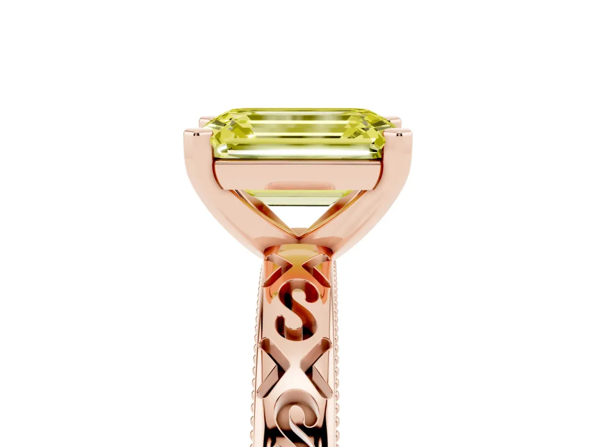 Fancy Yellow Emerald Cut Solitaire Engagement Ring with Scrollwork Band and Four-Prong Setting Rose gold