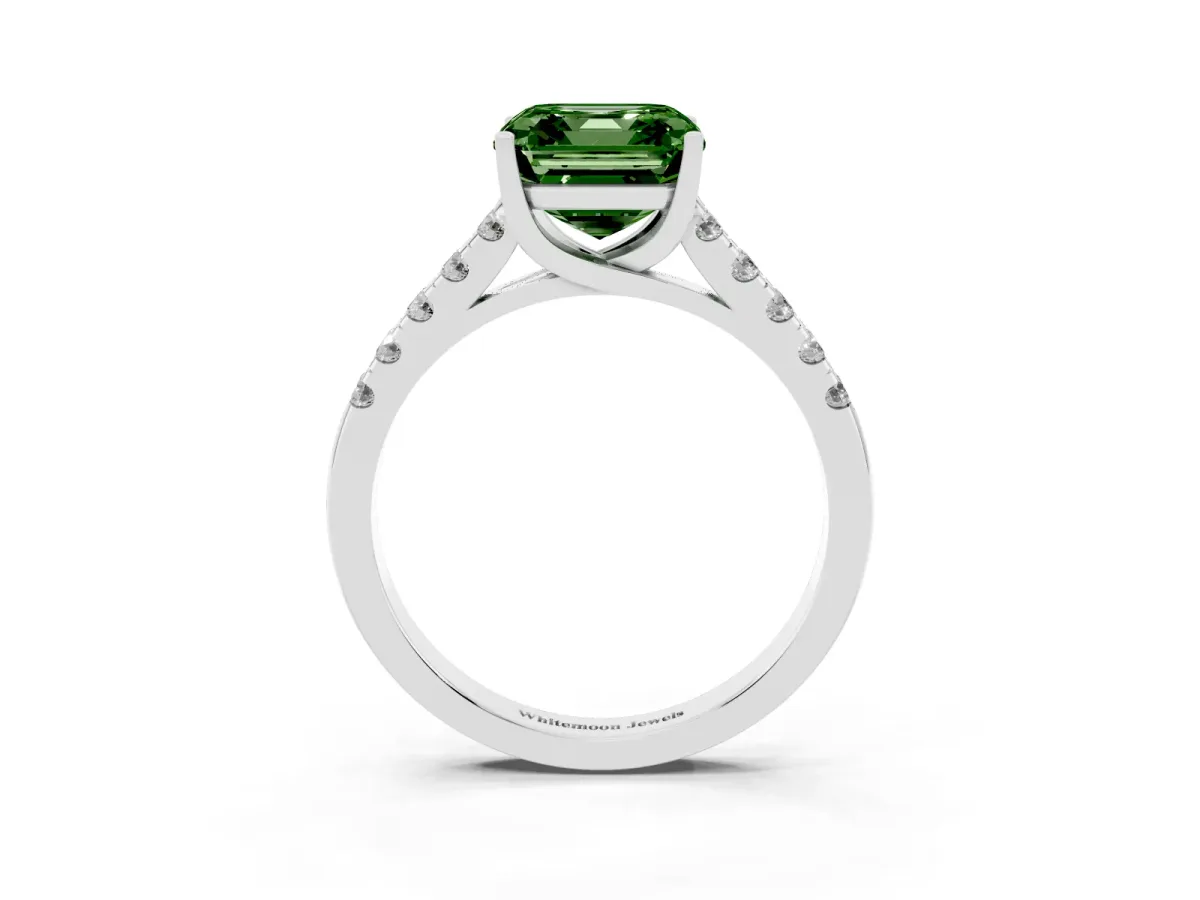 Fancy Green Asscher Cut Diamond Pavé Band Solitaire Ring with Prong Setting Platinum