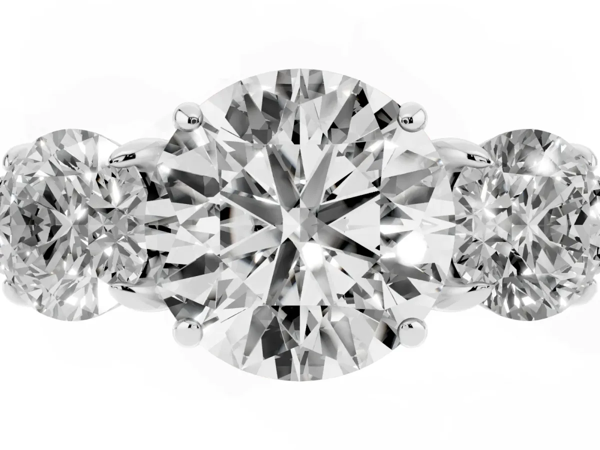 Three-Stone Round Cut Cut Diamond Ring with Round Accent Stones, Prong Setting, and Classic Band Silver