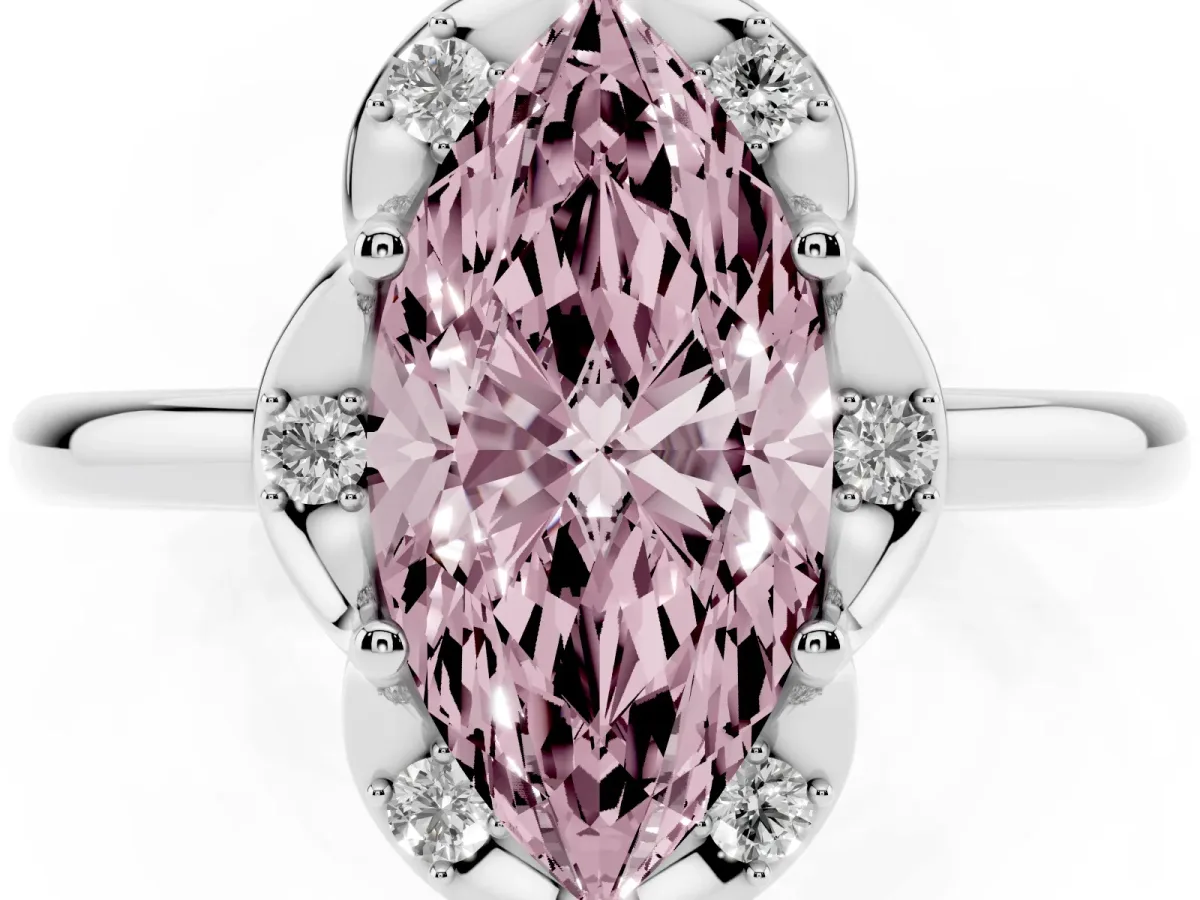 Fancy Pink Marquise Cut Halo Diamond Ring with Round Cluster Setting, Solitaire Band, and Four-Prong Setting Platinum