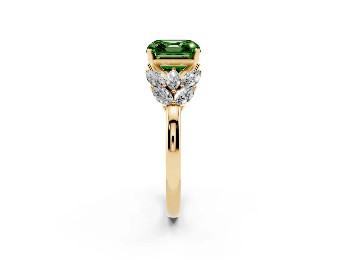 Fancy Green Asscher Cut Diamond Cluster Leaf Design Ring with Prong Setting Yellow gold