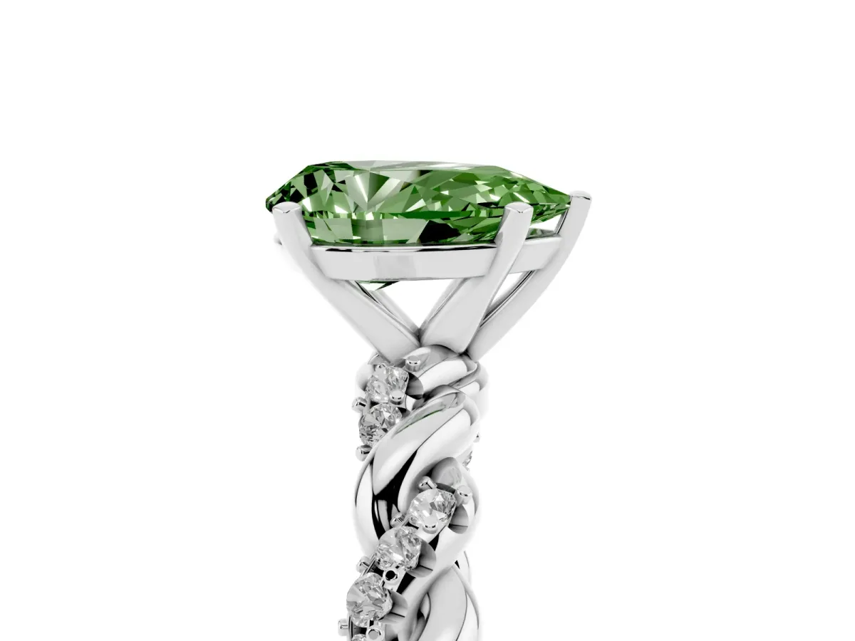 Fancy Green Pear Cut Diamond Solitaire Ring with Twisted Band and Pavé Accents Silver