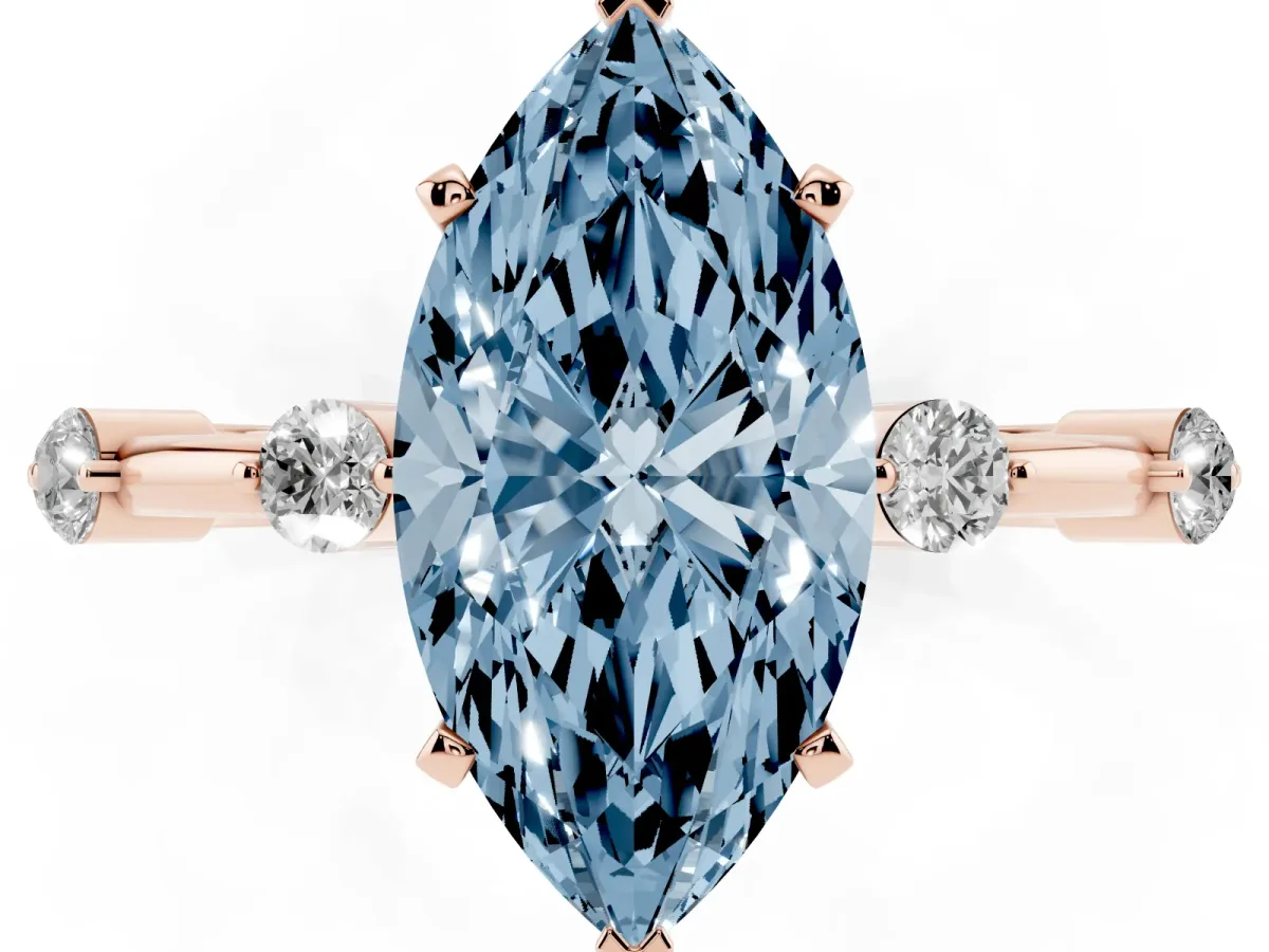 Fancy Blue Marquise Cut Solitaire Diamond Ring with Bezel Set Side Stones and Prong Setting Rose gold
