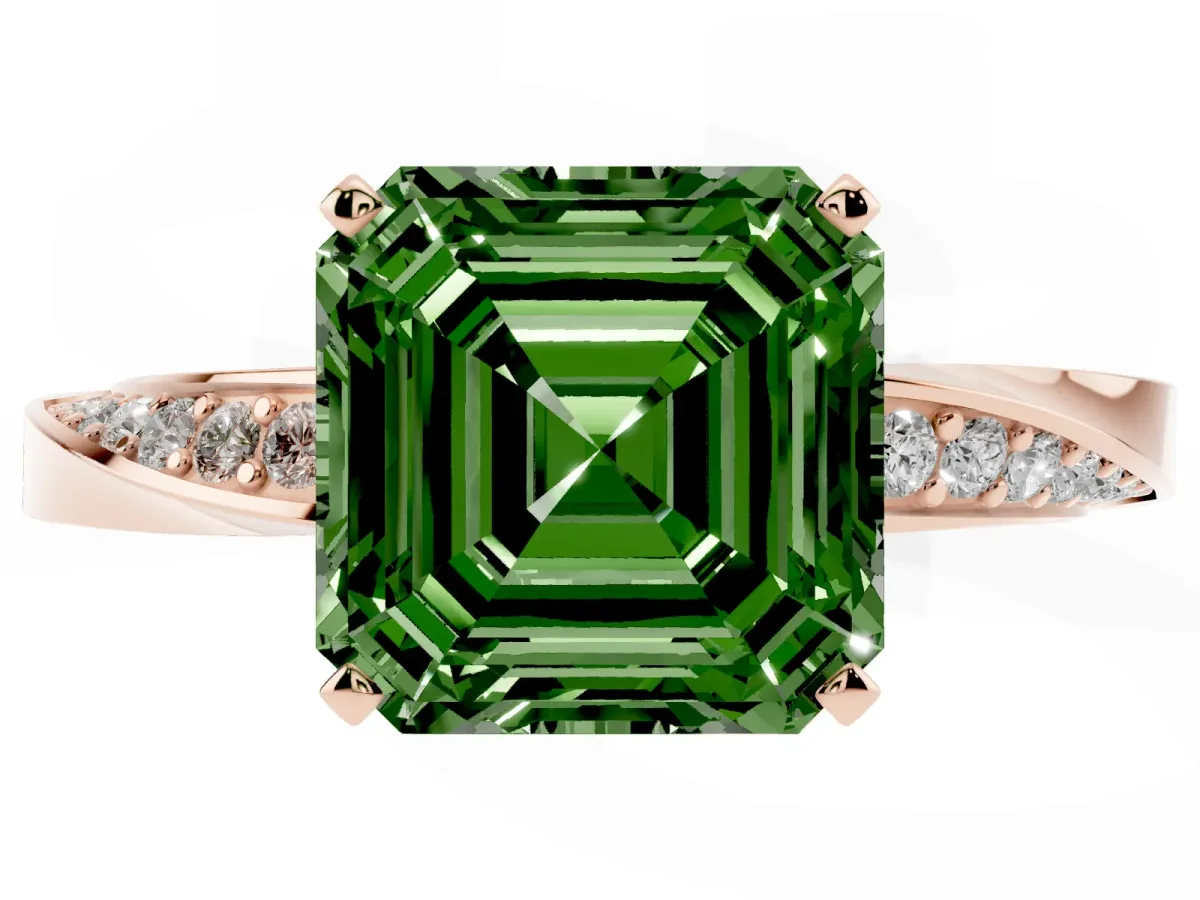 Fancy Green Asscher Cut Diamond Engagement Ring with Side Stone Accents and Four-Prong Setting Rose gold
