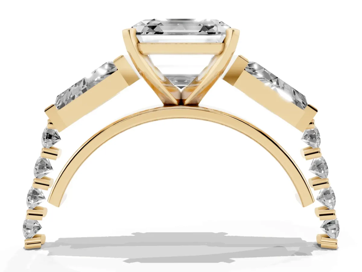 Asscher Cut Diamond Engagement Ring with Baguette Side Stones and Channel Set Band Yellow gold