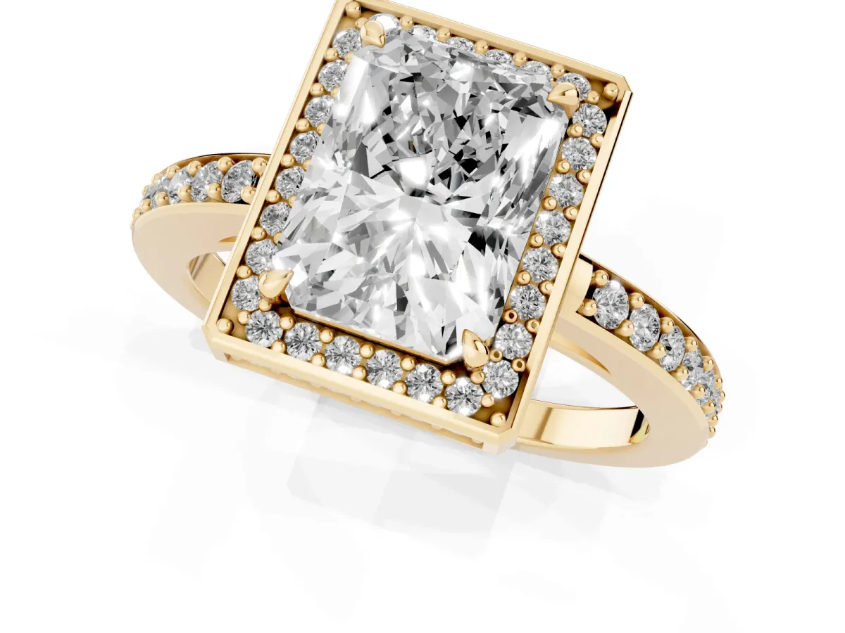 Radiant Cut Halo Pave Band Solitaire Ring with Prong Setting Yellow gold