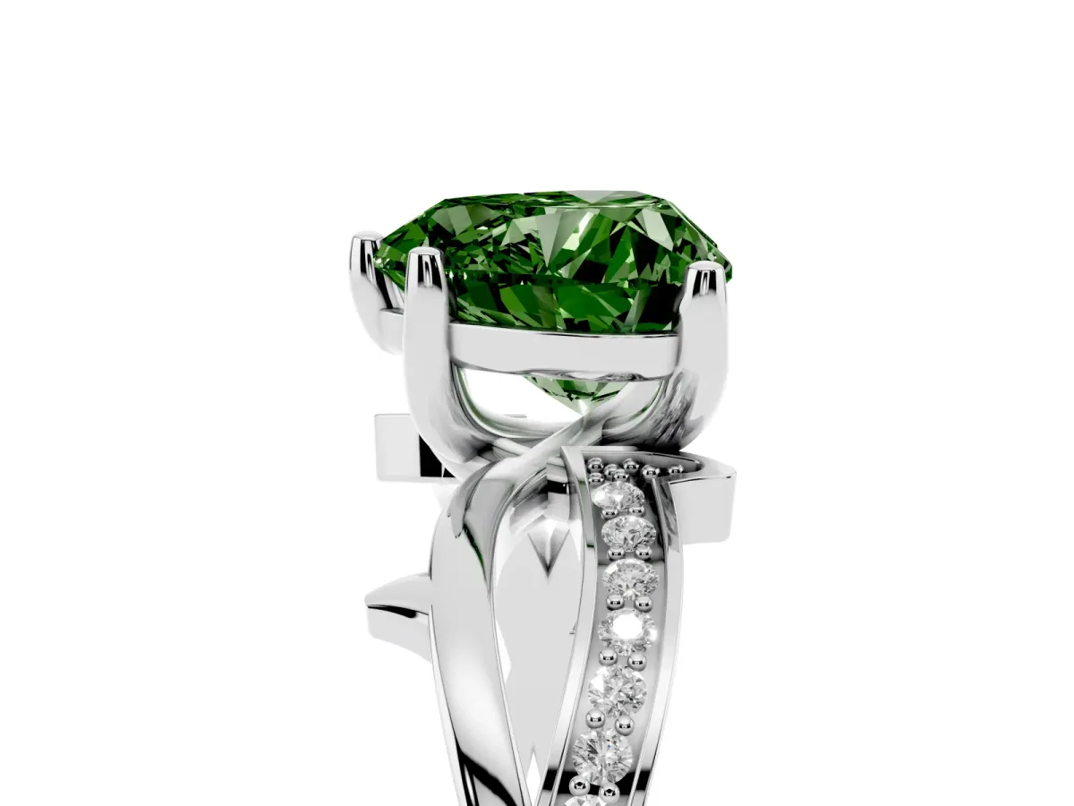 Fancy Green Heart Cut Solitaire Twist Band with Pavé Accents and Four-Prong Setting Silver