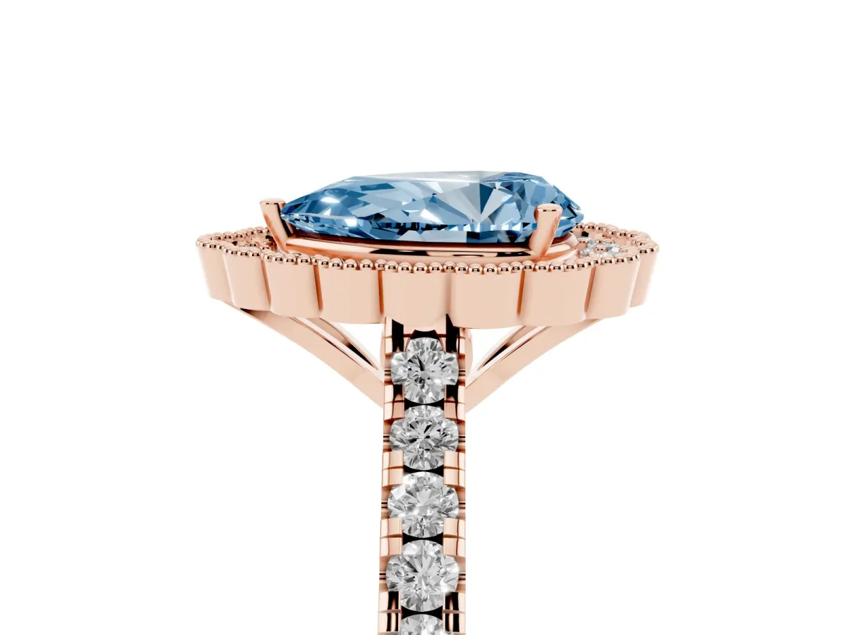 Fancy Blue Pear Cut Cut Diamond Milgrain Floral Halo Engagement Ring with Pavé Band Rose gold