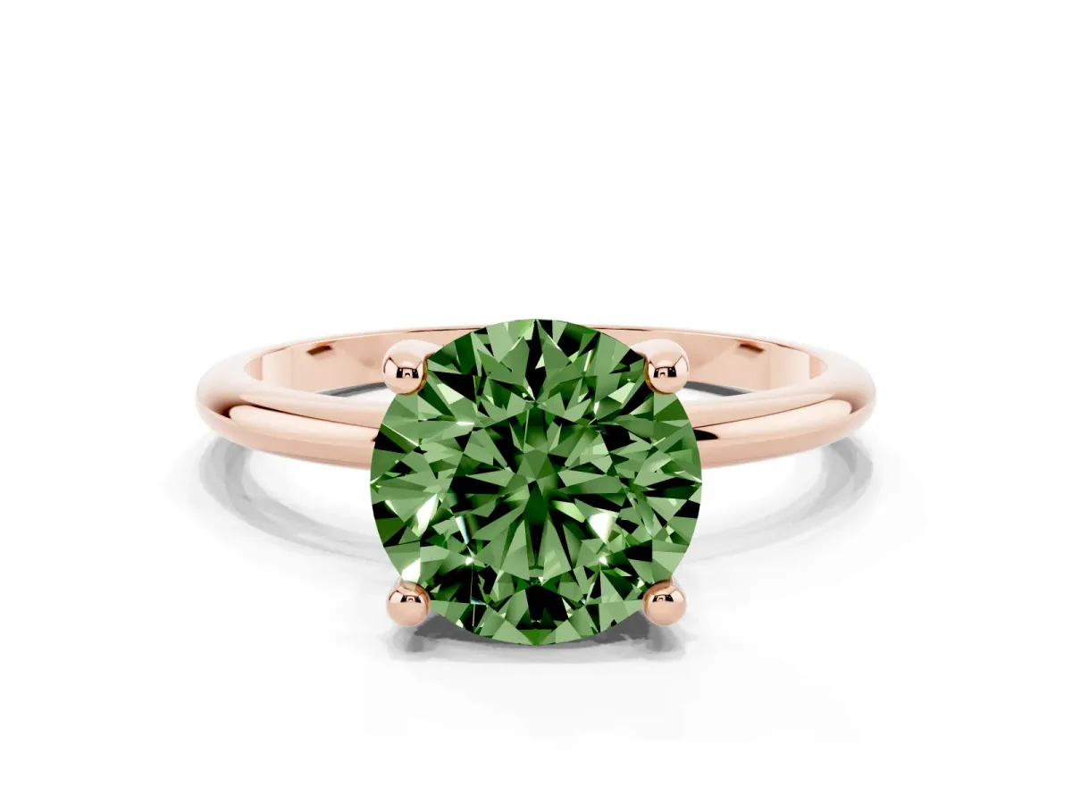 Fancy Green Round Cut Solitaire Diamond Ring with 4-Prong Setting on a Classic Band Rose gold
