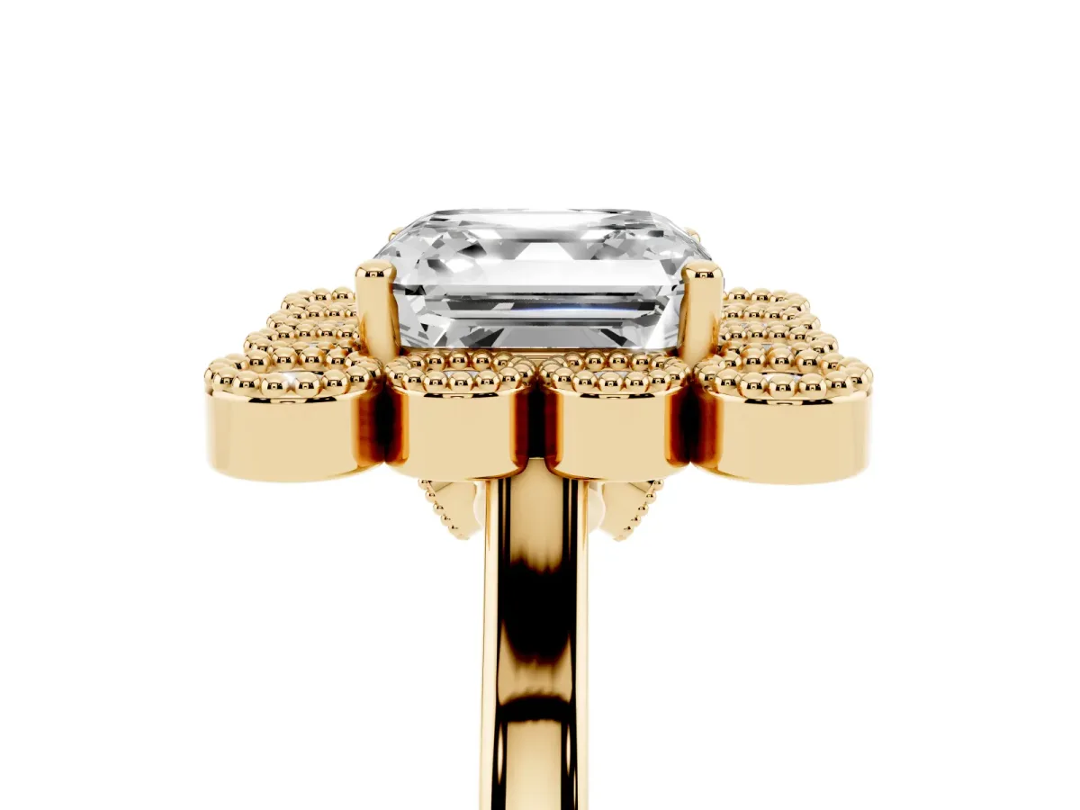 Asscher Cut Halo Diamond Cluster Engagement Ring with Milgrain Bezel Setting and Solitaire Band Yellow gold