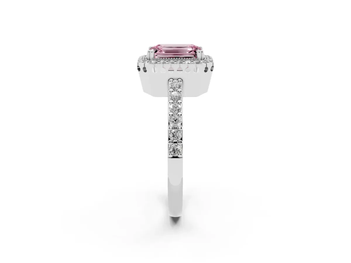 Fancy Pink Emerald Cut Cut Diamond Halo Engagement Ring with Milgrain Detail and Pavé Band White gold