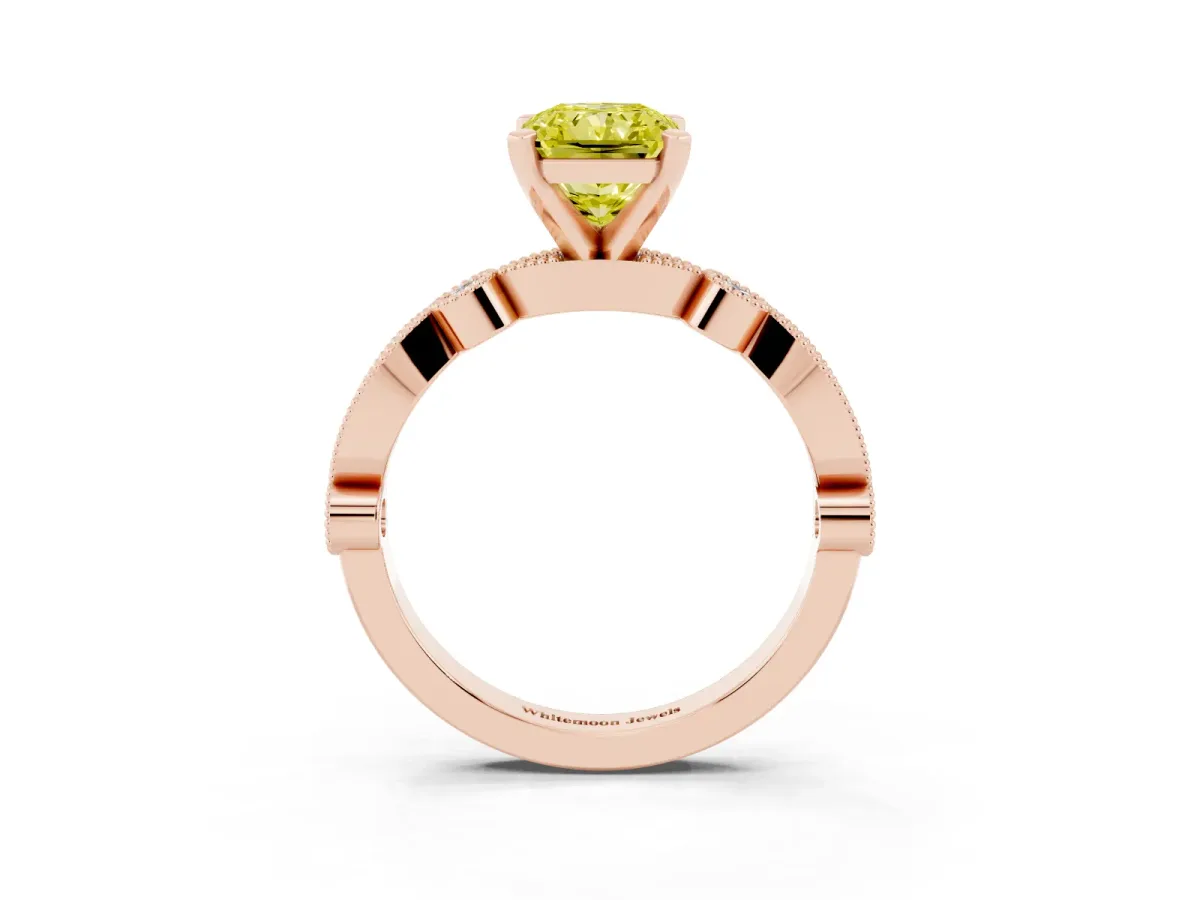 Fancy Yellow Radiant Cut Milgrain Bezel Diamond Engagement Ring with Solitaire Prong Setting Rose gold