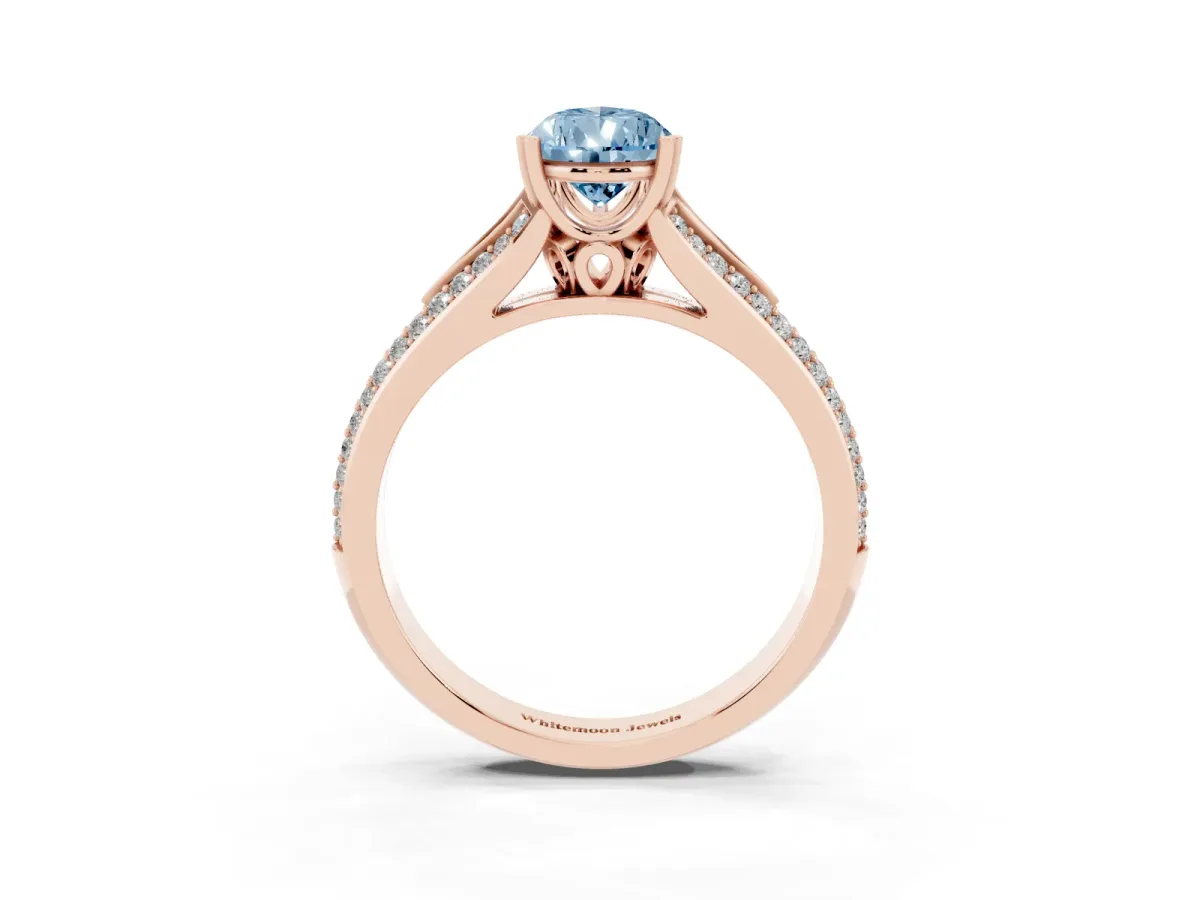Fancy Blue Pear Cut Diamond Split Shank Engagement Ring with Pavé Band Rose gold