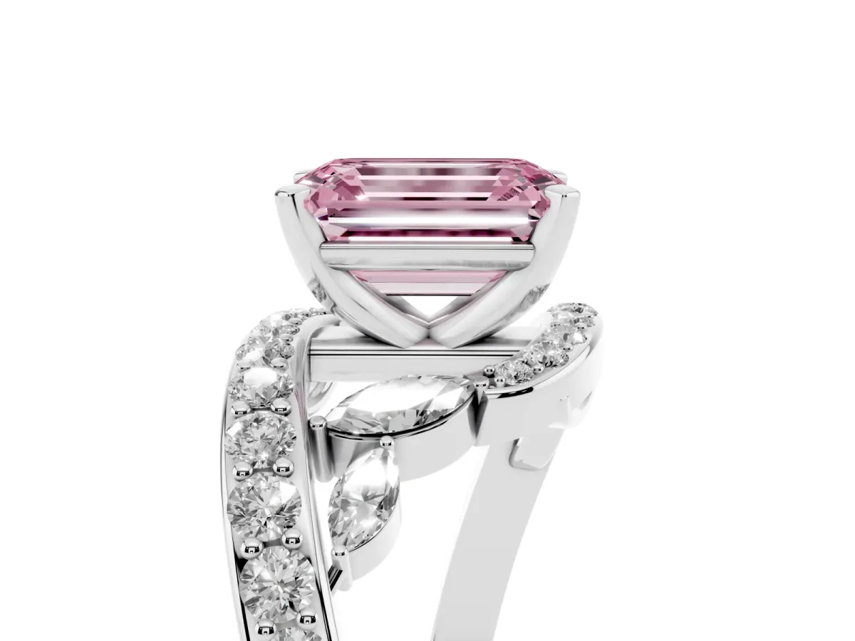 Fancy Pink Emerald Cut Solitaire with Pavé Twist Band and Four-Prong Setting Silver