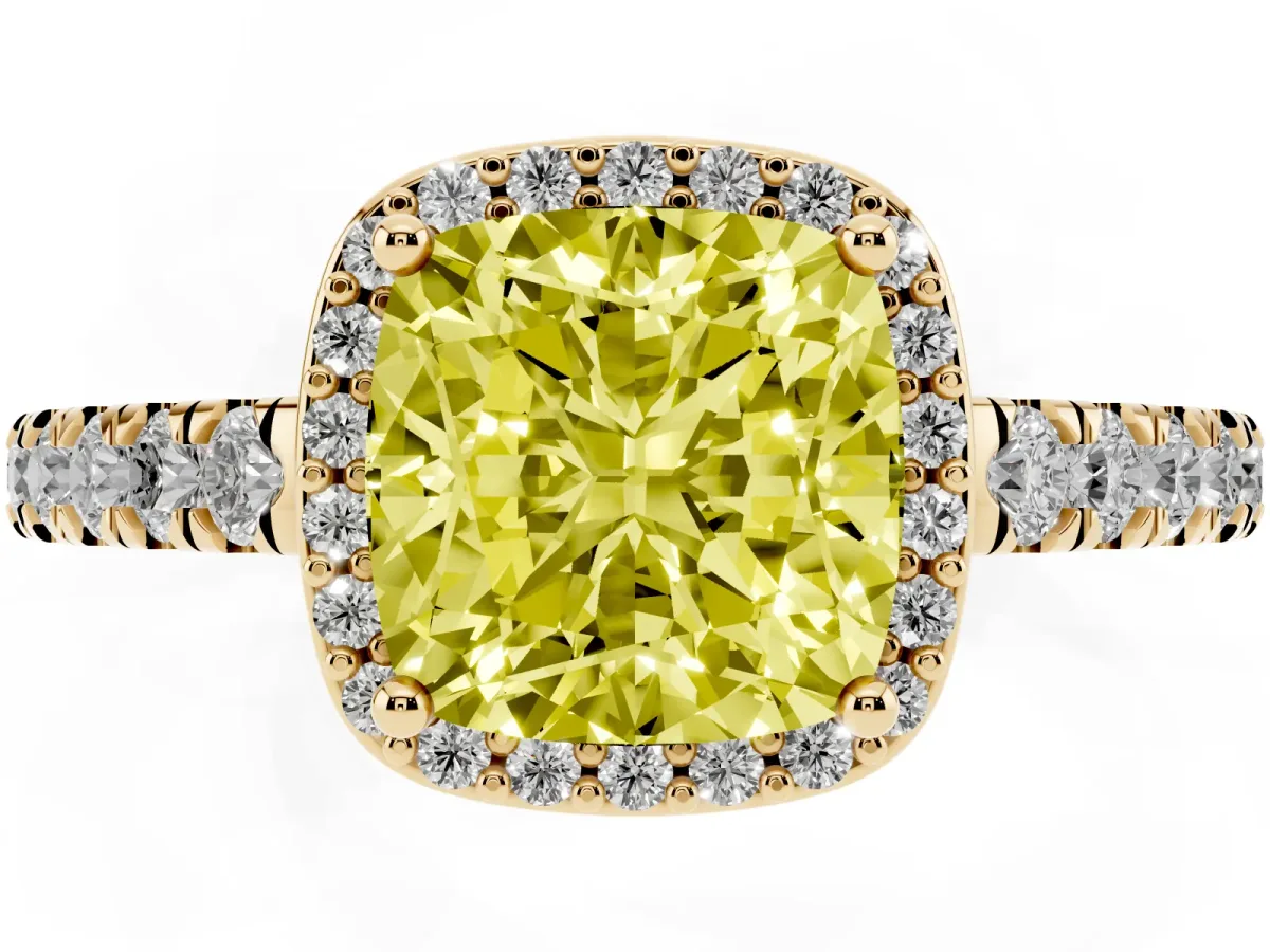 Fancy Yellow Cushion Cut Cut Halo Diamond Engagement Ring with Pave Band and Four-Prong Setting Yellow gold