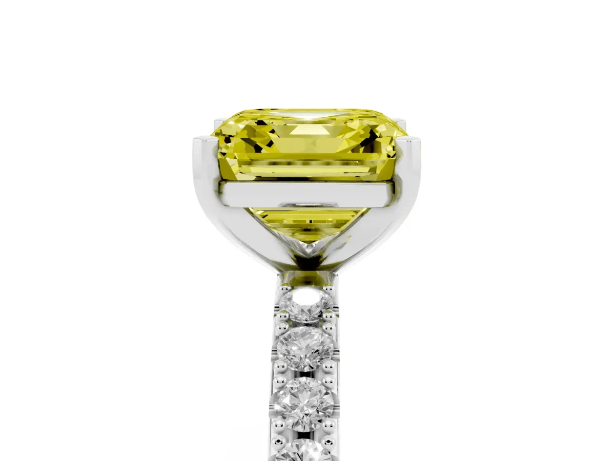 Fancy Yellow Asscher Cut Diamond Solitaire Pavé Band with Four-Prong Setting Silver