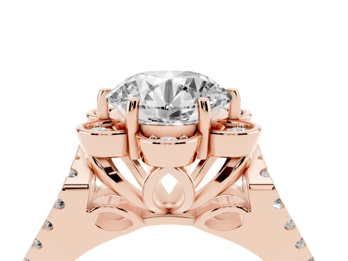 Round Cut Halo Diamond Floral Split Shank Engagement Ring Rose gold