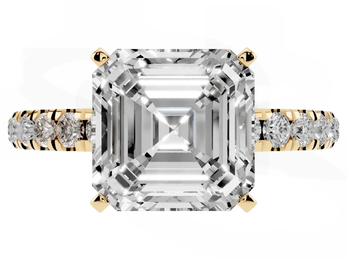 Asscher Cut Diamond Solitaire Ring with Pavé Accents and Four-Prong Setting Yellow gold
