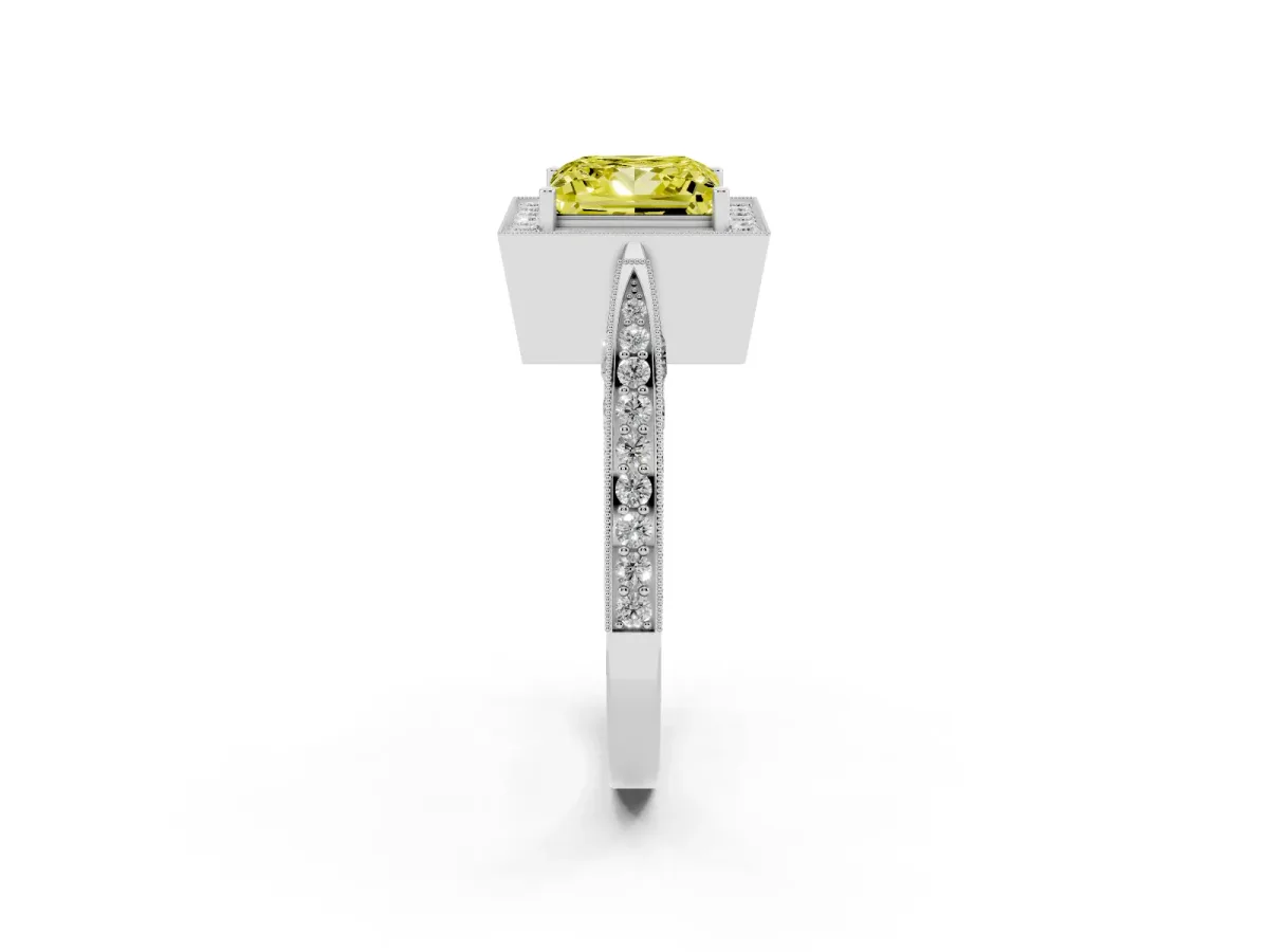Fancy Yellow Princess Cut Halo Diamond Engagement Ring with Split Shank Band and Four-Prong Setting Silver