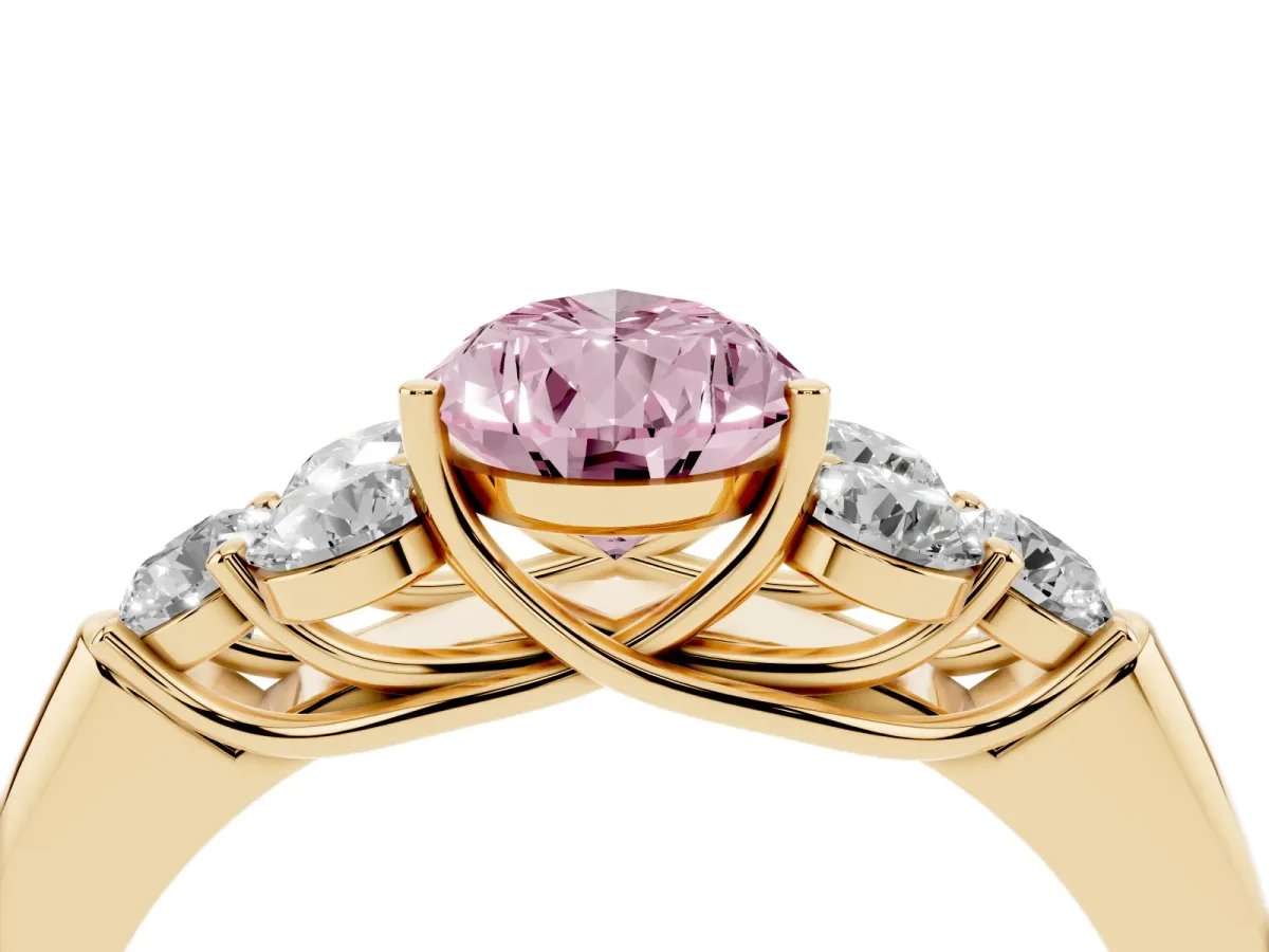 Fancy Pink Pear Cut Cut Diamond Cluster Ring with Round Accent Stones and Prong Setting on a Classic Band Yellow gold