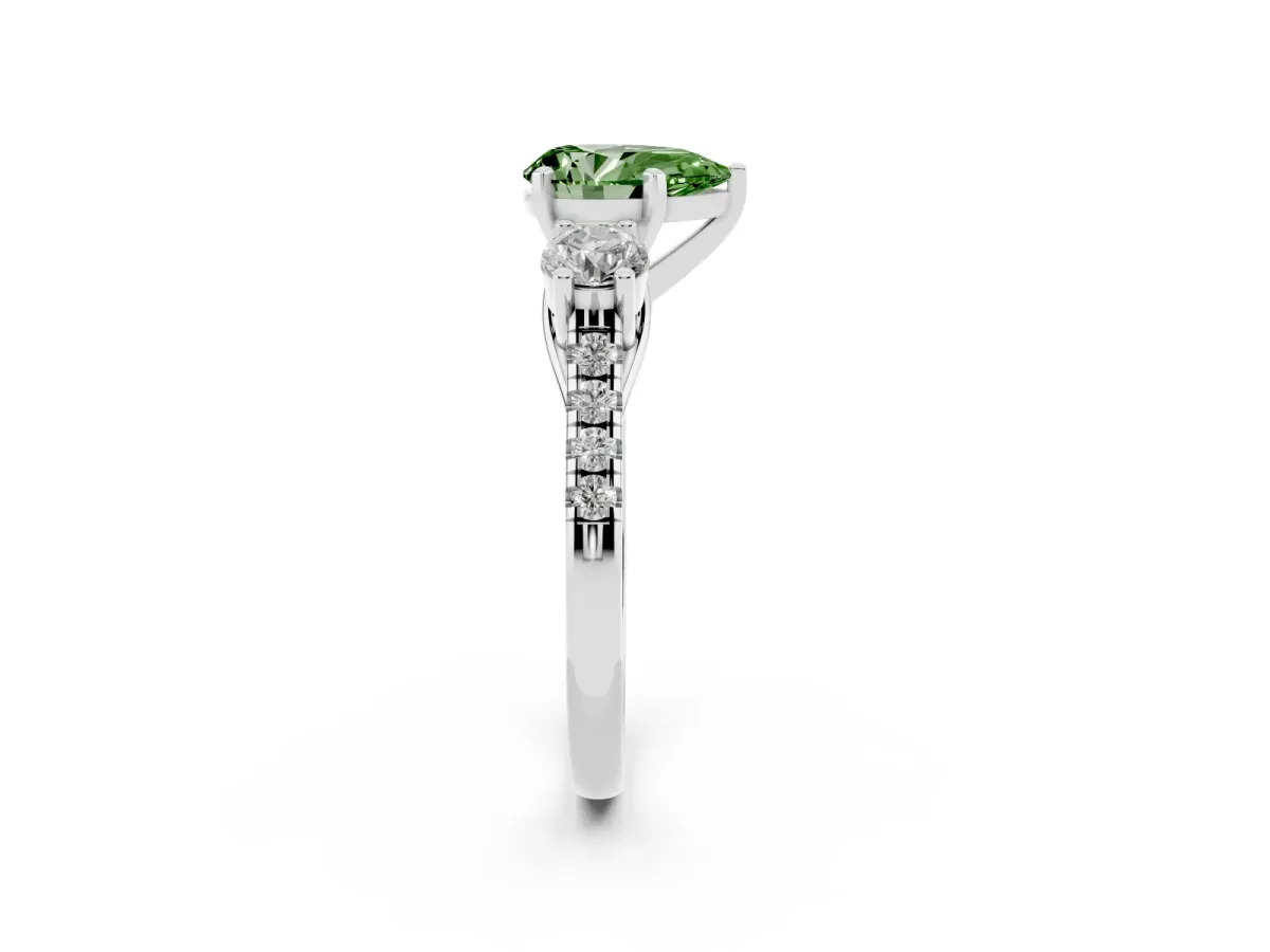 Fancy Green Three-Stone Pear Cut Diamond Pavé Band with Four-Prong Setting Platinum