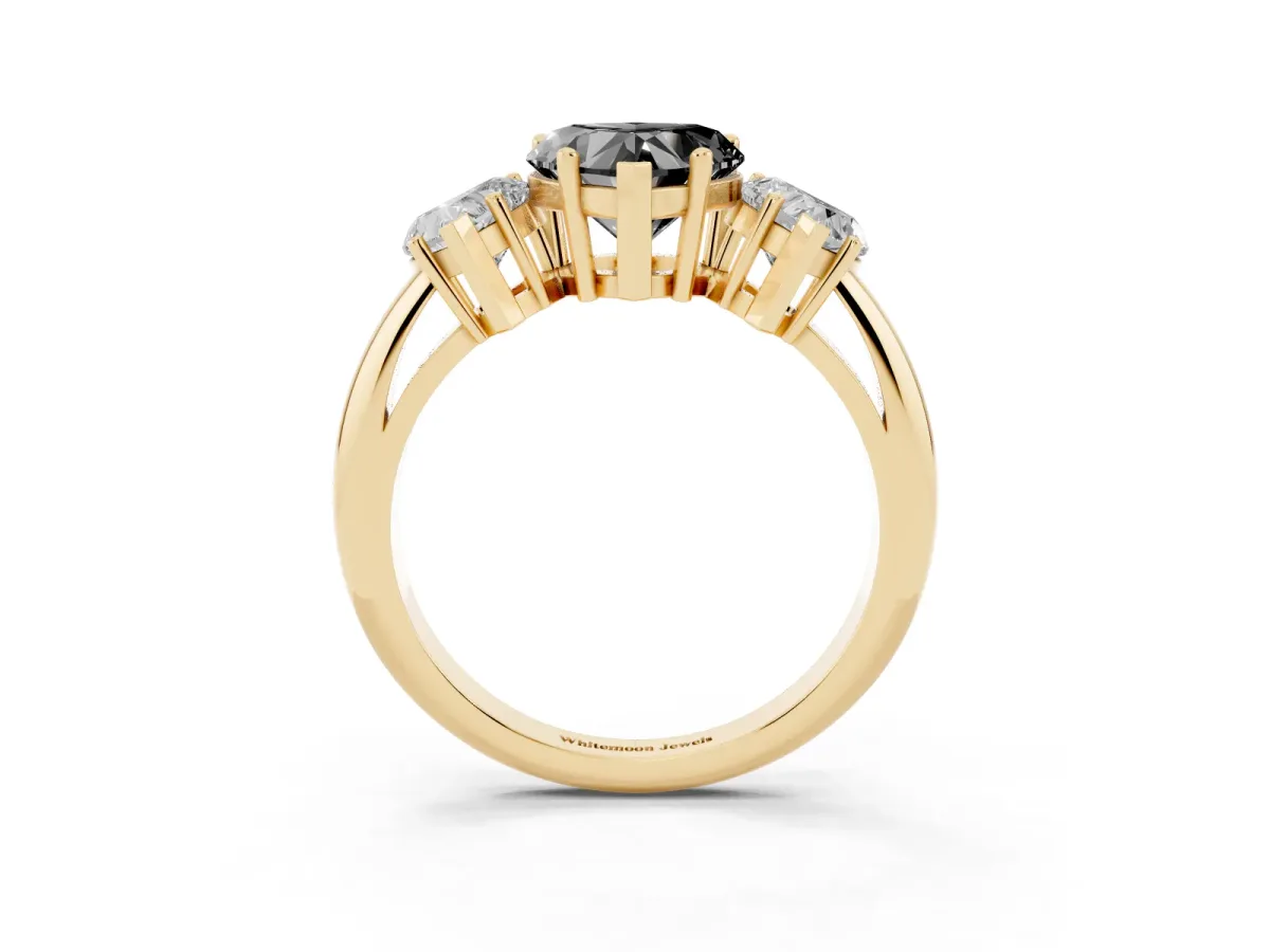 Fancy Black Three-Stone Heart Cut Cut Diamond Engagement Ring with Prong Setting on a White Gold Band Yellow gold