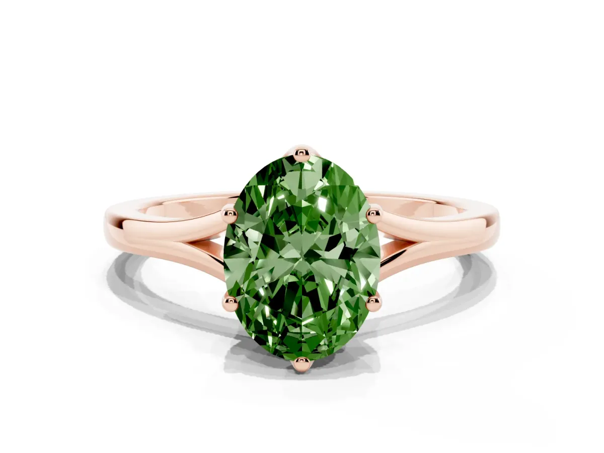 Fancy Green Oval Cut Solitaire Diamond Ring with Six-Prong Setting and Tapered Band Rose gold