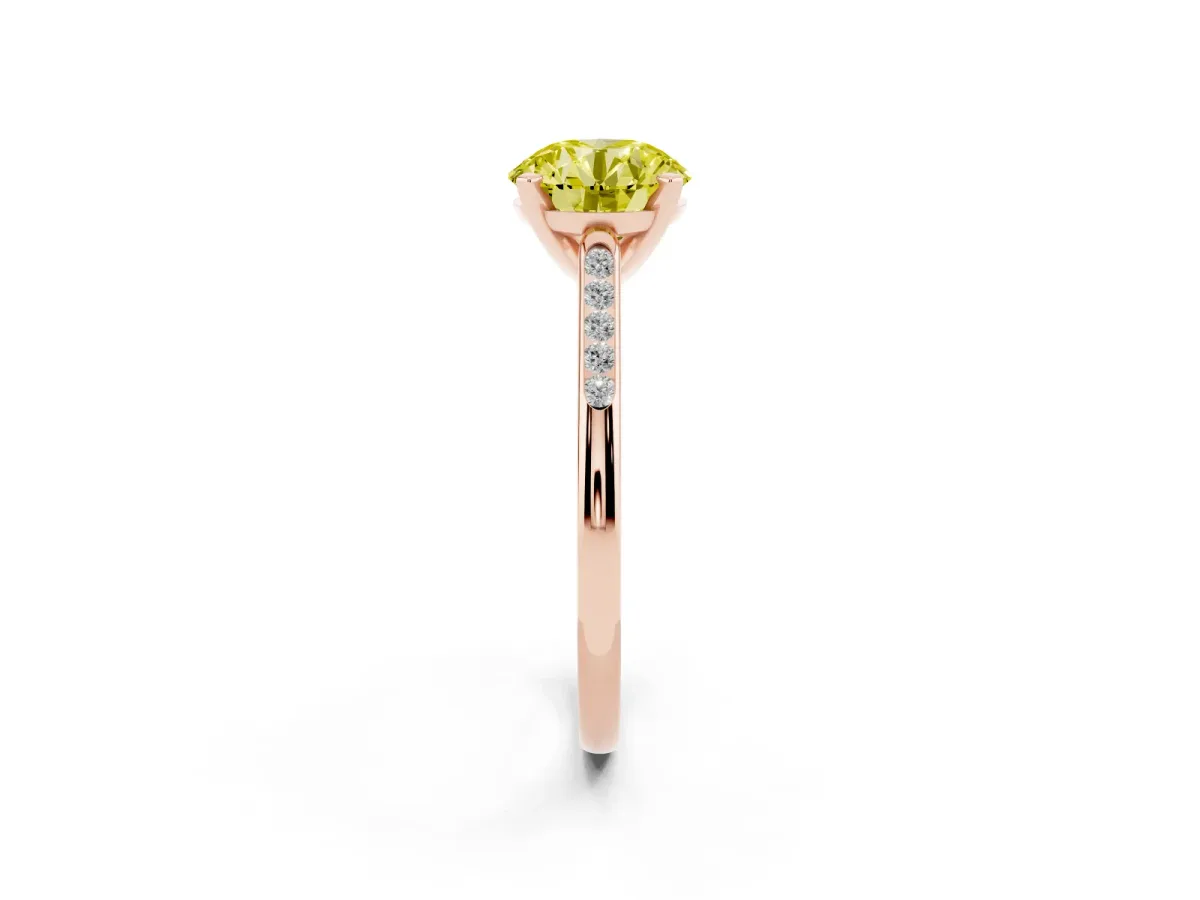 Fancy Yellow Round Cut Diamond Solitaire Ring with Channel Set Round Band and Prong Setting Rose gold