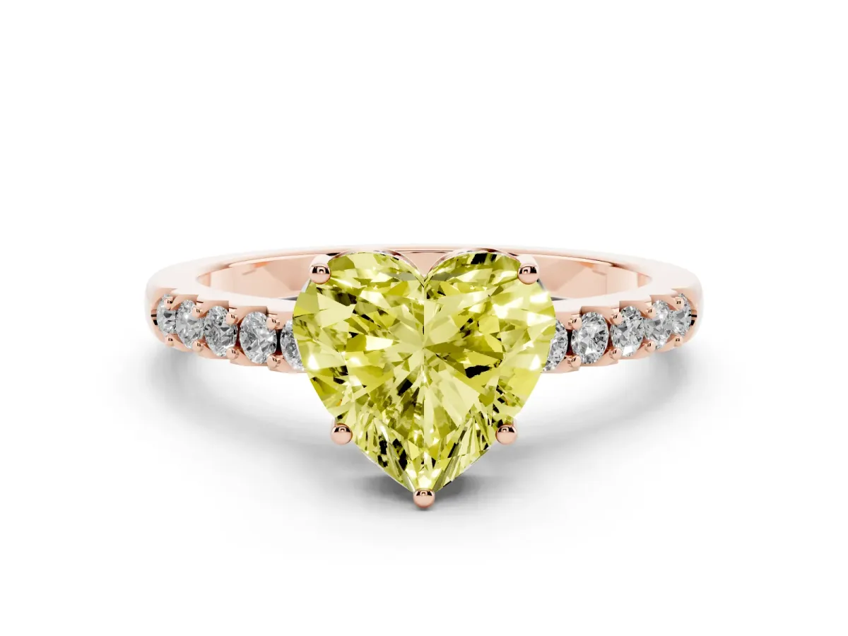 Fancy Yellow Heart Cut Solitaire Diamond Engagement Ring with Pavé Band and Six-Prong Setting Rose gold