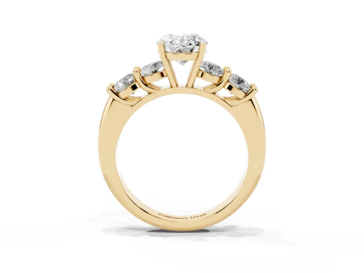 Oval Cut Cut Five-Stone Prong Set Diamond Ring with Classic Band Yellow gold