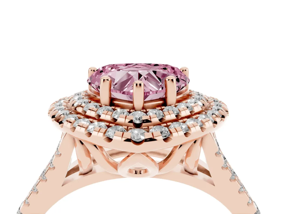 Fancy Pink Double Halo Heart Cut Diamond Pavé Split Shank Ring with Prong Setting Rose gold