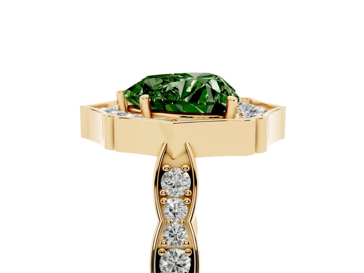 Fancy Green Heart Cut Halo Diamond Engagement Ring with Milgrain Band and Four-Prong Setting Yellow gold