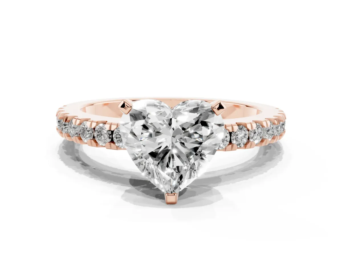 Heart Cut Solitaire Diamond with Pavé Band and Four-Prong Setting Rose gold