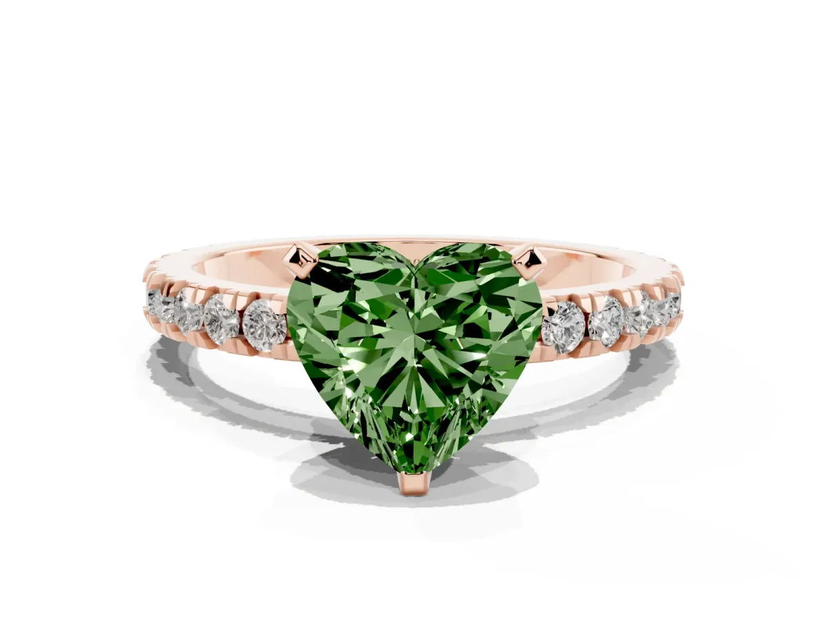 Fancy Green Heart Cut Diamond Pavé Band Solitaire with Four-Prong Setting Rose gold