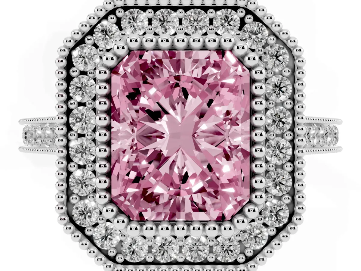 Fancy Pink Radiant Cut Diamond Halo Ring with Milgrain Frame and Pavé Band White gold