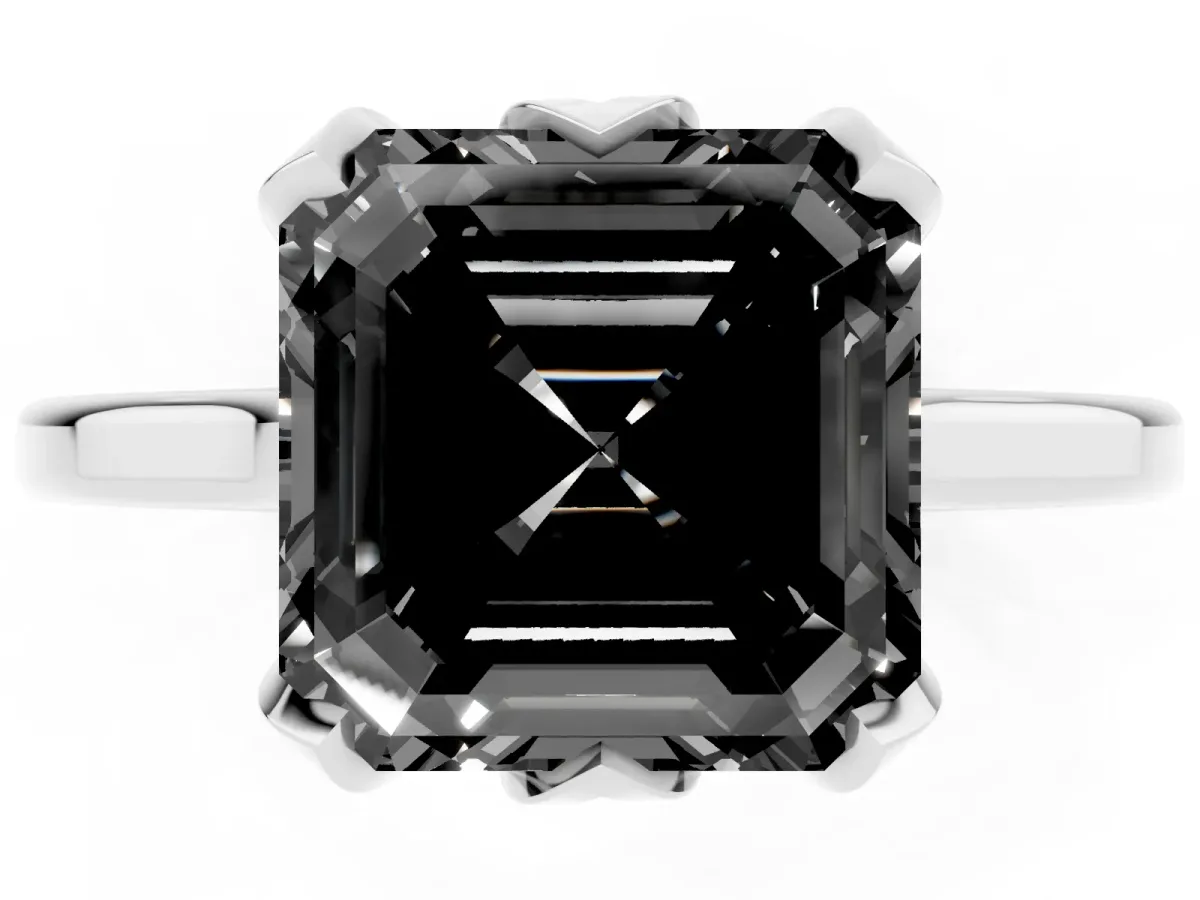 Fancy Black Asscher Cut Diamond Solitaire Ring with Flower Prong Setting and Classic Band Silver