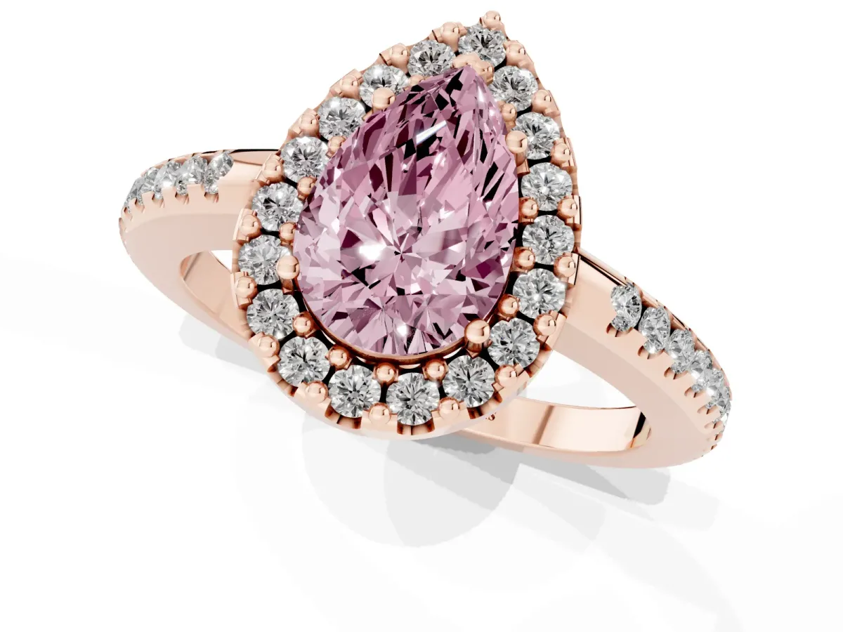 Fancy Pink Pear Cut Diamond Pavé Halo Ring with Four-Prong Setting Rose gold