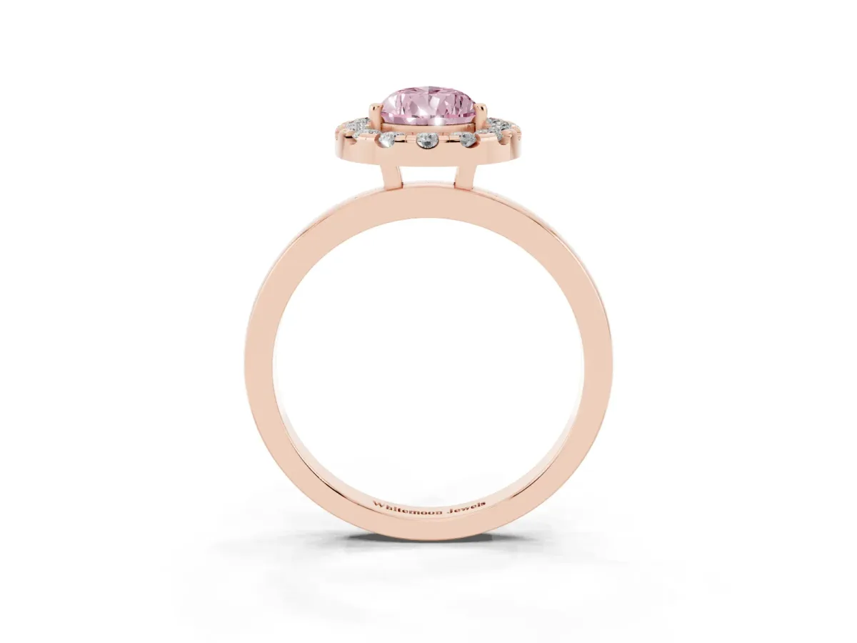 Fancy Pink Pear Cut Halo Diamond Solitaire with Pavé Band and Four-Prong Setting Rose gold