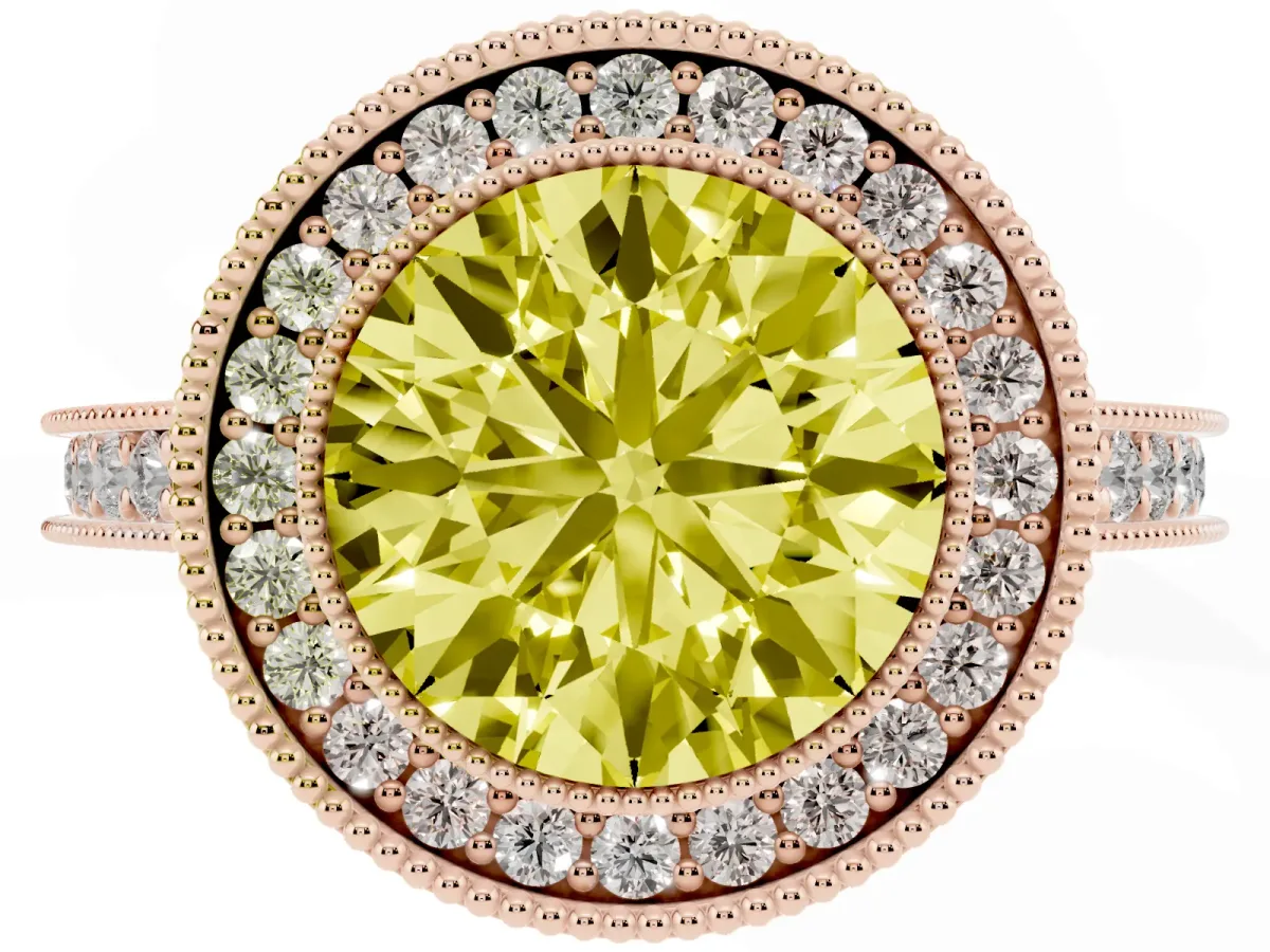 Fancy Yellow Halo Round Cut-Cut Diamond Pave Band Milgrain Prong Setting Ring Rose gold