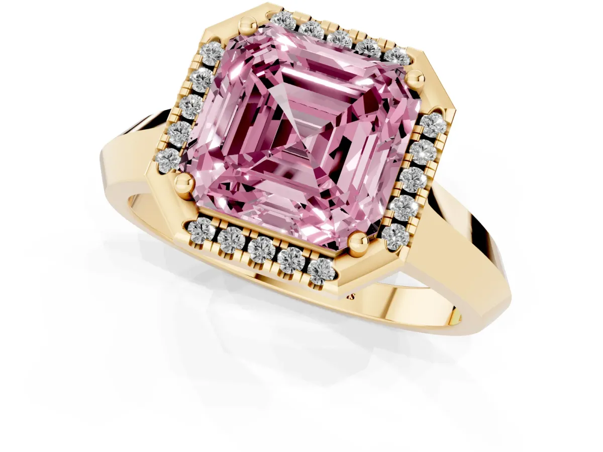 Fancy Pink Asscher Cut Halo Diamond Ring with Cathedral Band and Four-Prong Setting Yellow gold