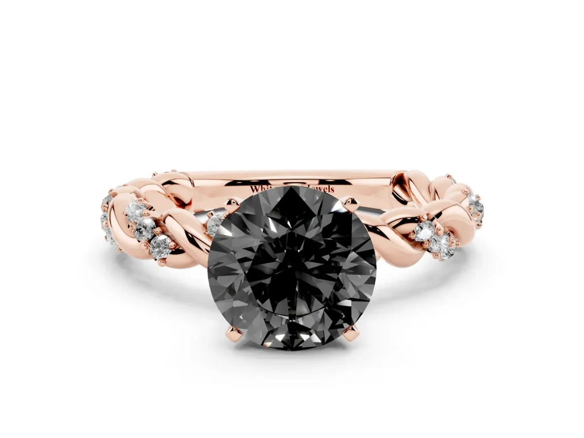 Fancy Black Round Cut Diamond Solitaire Ring with Twisted Band and Pavé Accents Rose gold
