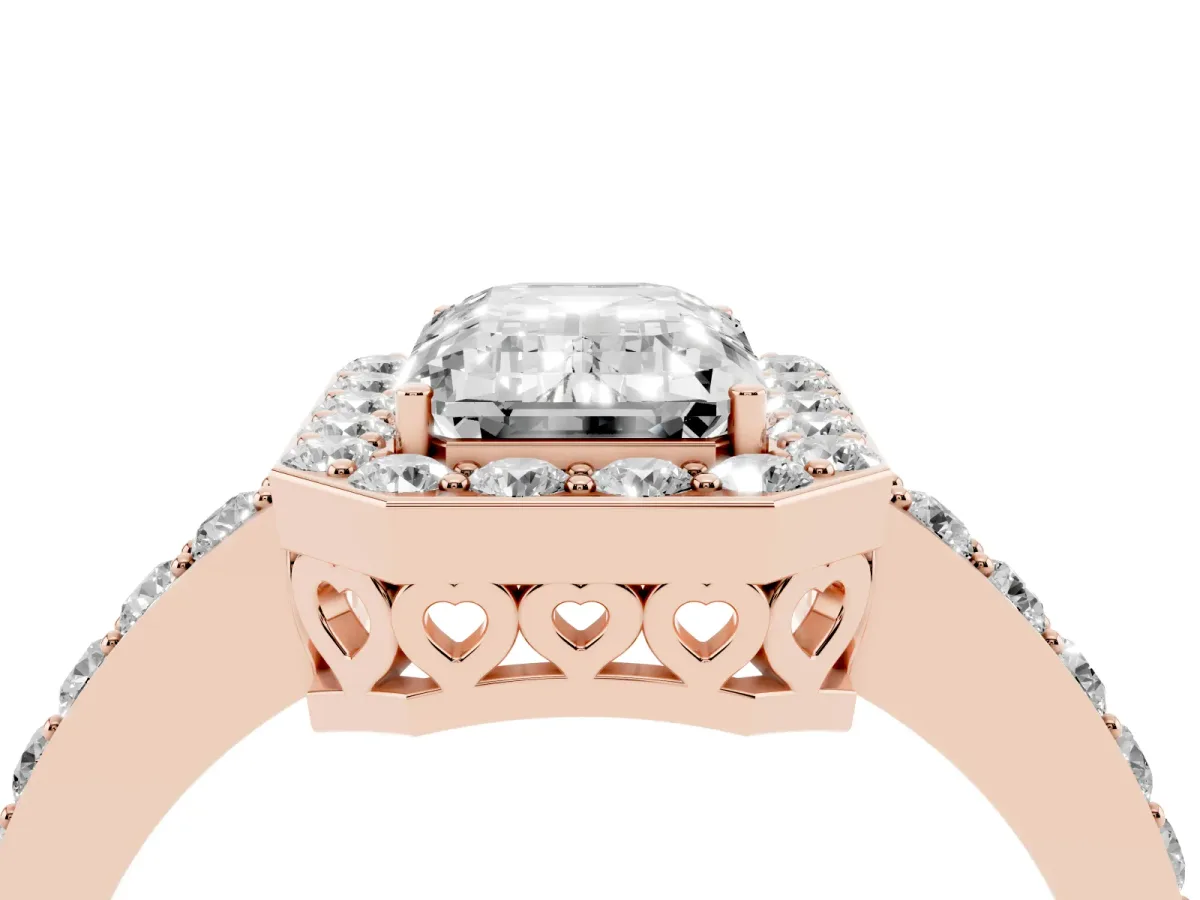 Emerald Cut Halo Diamond Pavé Band Ring with Prong Setting Rose gold