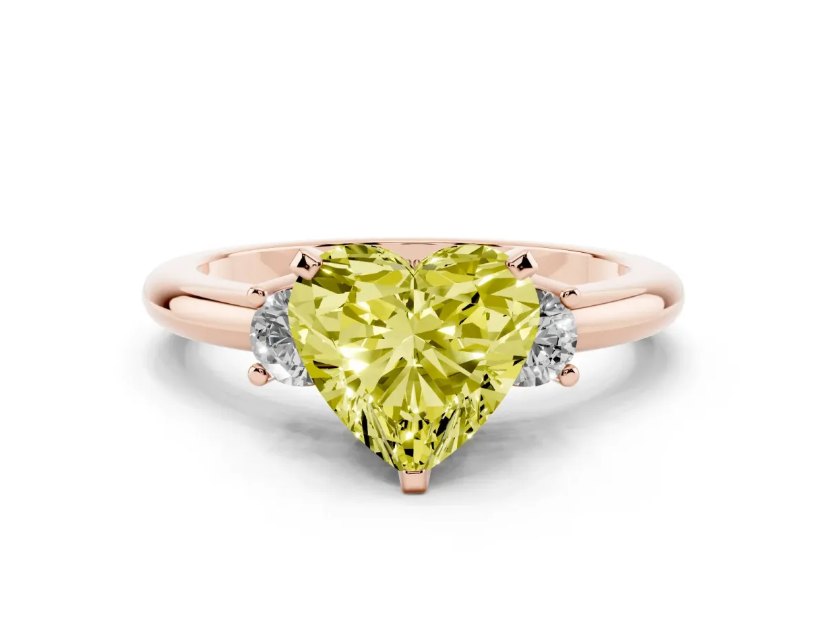 Fancy Yellow Three-Stone Heart Cut Cut Diamond Solitaire with Prong Setting and Classic Band Rose gold