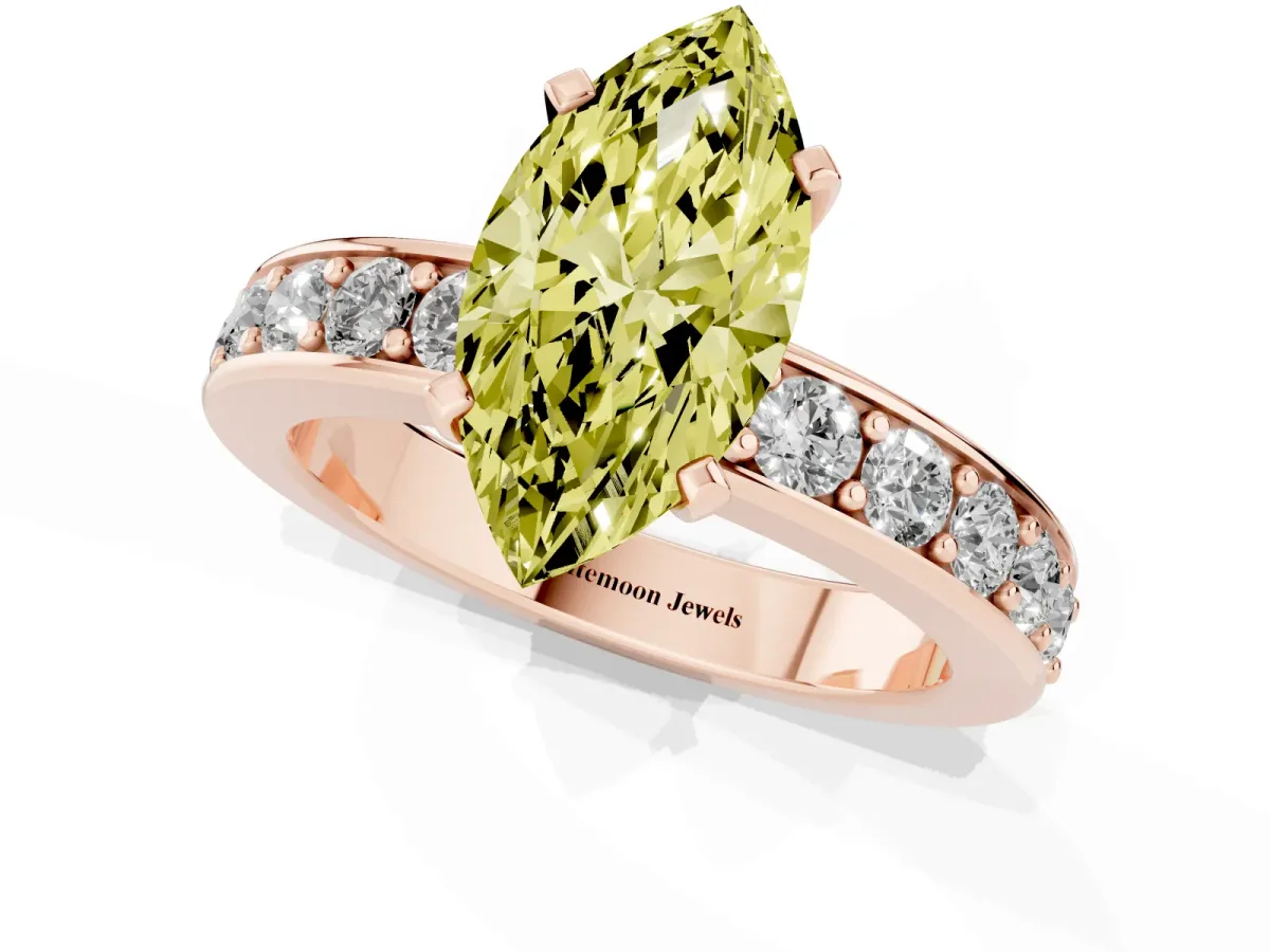 Fancy Yellow Marquise Cut Diamond Engagement Ring with Channel Set Round Band and Prong Setting Rose gold