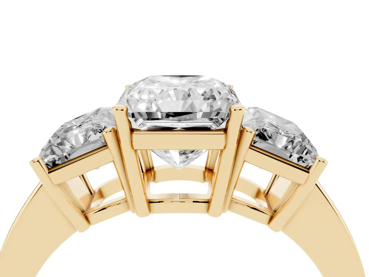 Three-Stone Radiant Cut Cut Diamond Engagement Ring with Flat Band and Four-Prong Setting Yellow gold