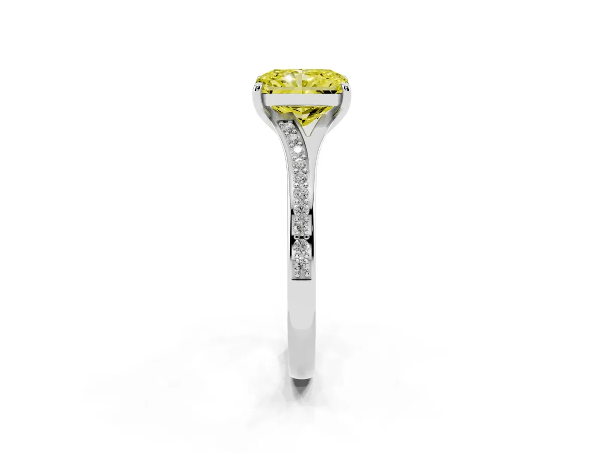 Fancy Yellow Radiant Cut Diamond Solitaire Ring with Pavé Band and Prong Setting Silver