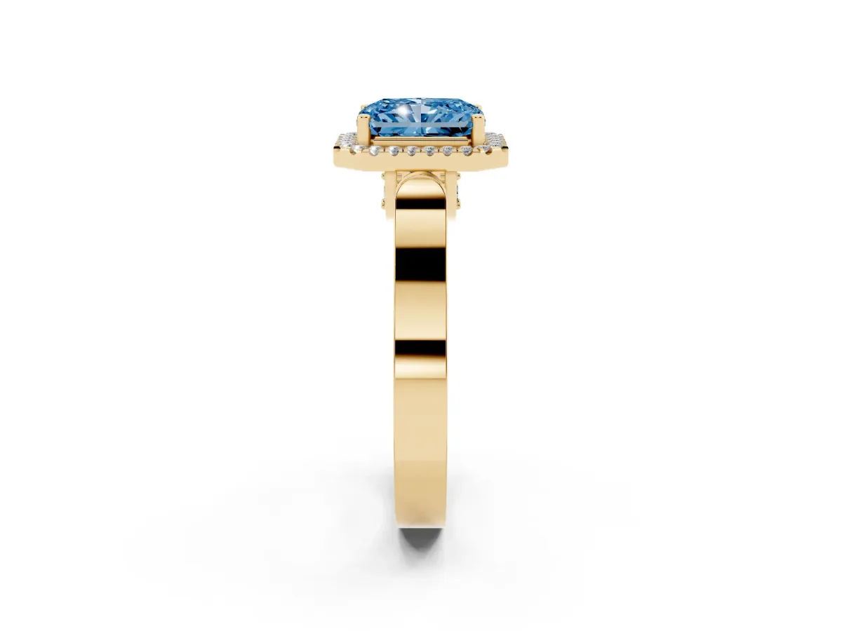 Fancy Blue Radiant Cut Halo Pave Split Shank Prong Setting Ring Yellow gold