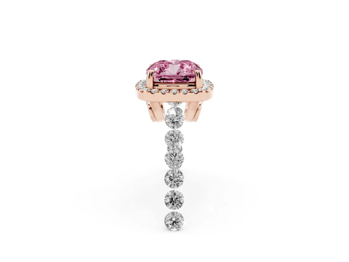 Fancy Pink Cushion Cut Halo Pavé Diamond Engagement Ring with Four-Prong Setting Rose gold